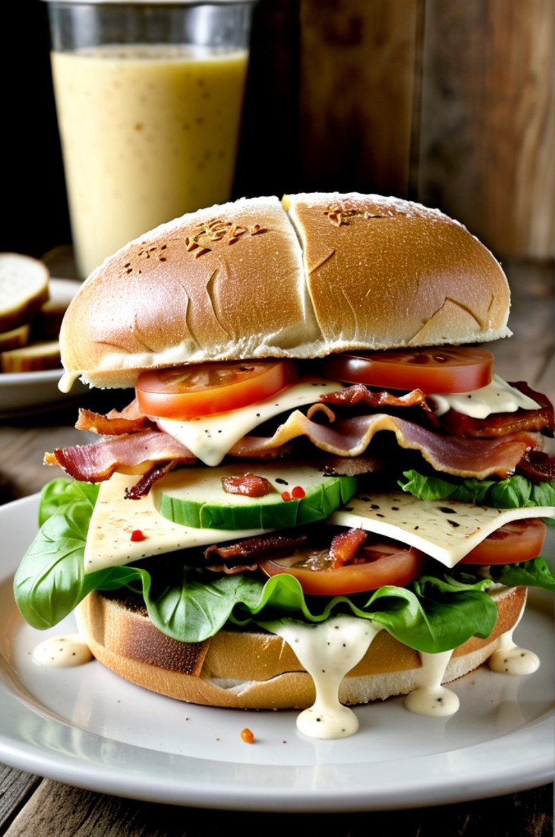 RAW photo of a BLT sandwich with extra bacon, (rustic diner background), seed toasted bread, pepper jack cheese, Dressing ...