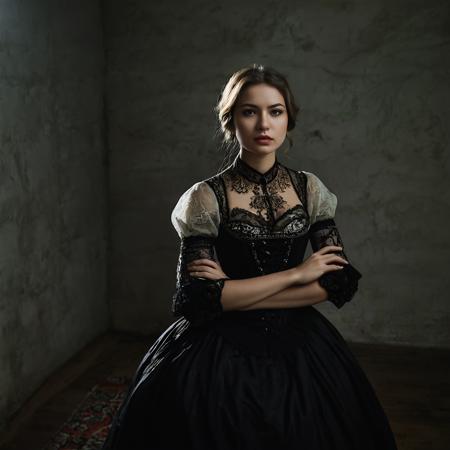 RAW full body analogue photo of a beautiful 20 years old (tatar woman:1.5) Woman, perfect face, sexy pose, The Victorian Vamp: A Victorian-inspired ensemble with a high-neck lace blouse, velvet corset, and floor-length skirt with a bustle, perfect eyes, detailed eyes, detailed iris, realistic skins, absolute perfect tits, soft tits, natural tits, low light, hard natural light, Rembrandt style light, Hasselblad DLSR camera, 200mm Zeiss lens, f/2.8, detailed texture, sharp focus, highres, 4k,