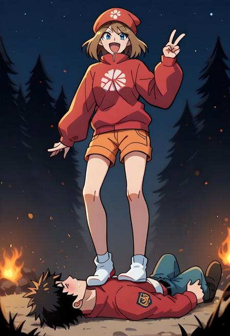 score_9, score_8_up, score_7_up, source_anime, high detail, full body shot,
 BREAK 
1girl, may, brown hair, red hat, blue eyes, pink cheeks, long sleeves, red shirt, orange shorts,
 BREAK 
night, snow mountain, blizzard, depth of field, laughing, open mouth, happy, c0l0urgl0w, glowing, peace sign,
 BREAK 
Foot on head, 1 girl, 1 boy, femdom, stepped on, Foot gagging, sucking foot, lying face up, Standing on chest,