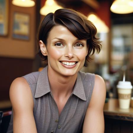 bridget moynahan,  a close up portrait photo of 26 y.o woman, smiling,  Sassy Undercut Pixie , pale skin, detailed skin, tan, (freckles:.5), sitting, face closeup, 70s clothing, vintage coffee shop, chiaroscuro lighting, eye level, shot onlarge format, Fujicolor Pro, bokeh, in style of Miles Aldridge