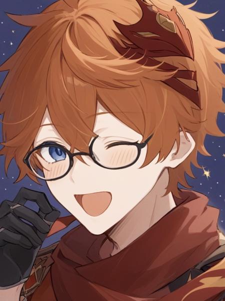 <lora:å¬å­:1>ï¼1boy, male_focus, gloves, bangs, one_eye_closed, black_gloves, blue_eyes, hair_between_eyes, red_scarf, glasses, scarf, bespectacled, orange_hair, sparkle, jacket, open_mouth, solo, crossed_bangs, mask, pants, upper_body, simple_background, looking_at_viewer,  red_shirt