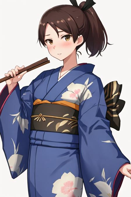 best quality, masterpiece, highres, solo, {shikinami_kantaicollection:1.15}, brown_hair, ponytail, brown_eyes, short_hair, hair_ribbon, ribbon, serafuku, blush, 1girl, japanese_clothes, kimono, looking_at_viewer, yukata, alternate_costume, obi, sash, hand_fan, paper_fan, simple_background, upper_body