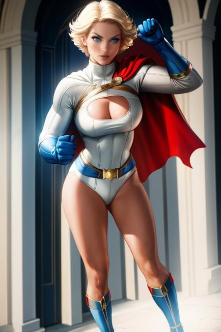 blonde_hair, cape, short_hair, gloves, cleavage_cutout, clothing_cutout, blue_eyes, superhero