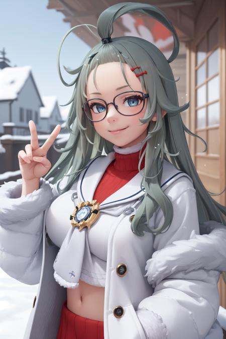 (masterpiece:1.3), (absurdres:1.3), (best quality:1.3), 1girl, looking at viewer, (closed mouth:1.3), smile, outdoors, snow, upper body, peace sign, <lora:merufi-000005:1>, merufi, glasses, long ahoge, blue eyes, bangs pinned back, fur-trimmed jacket, white sailor collar, white jacket, white sweater,