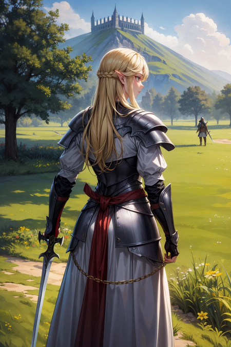 masterpiece:1.2, high quality, best quality, <lora:add_detail:0.8>, ,detailed_background,outdoors,holding sword,full armor,armor,1girl,facing another,height difference,long hair,absurdres,from behind,sword,breastplate,holding,helmet,kalmahul,weapon,the lord of the rings,sauron,highres,holding weapon,tolkien's legendarium,grass,shoulder plates,blonde hair,galadriel,1boy