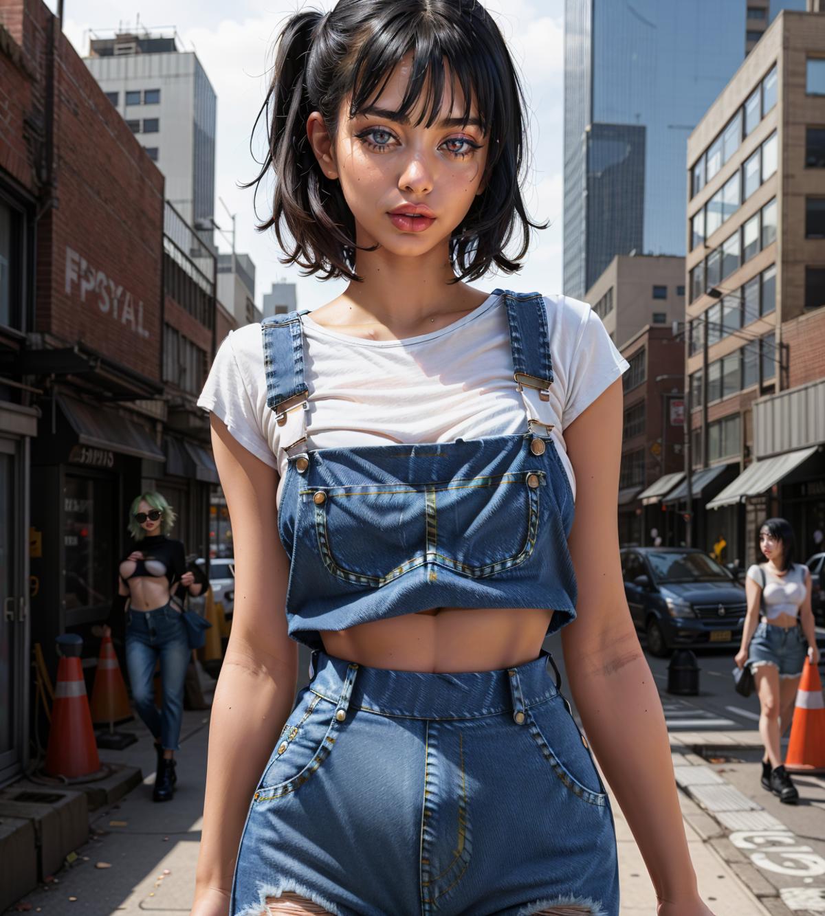 A woman wearing a white shirt and overalls stands confidently on a city street.