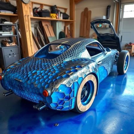 car made of titanium honeycomb filled with blue epoxy resin, view 3/4, car in garage, wheels made of reclaimed wood
