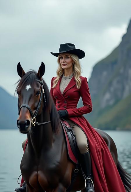 masterpiece, absurdres, high quality, beautiful 4str1df0xx dressed in a fashionable riding outfit, riding on a black Clydesdale horse next to a norwegian fjord, ultra-detailed, colorful, photo realistic, 4k, Fantastic lighting. Detailed shadows, vivid colors, ultra-sharp, award-winning, The style is realistic with a touch of surrealism, dreamy atmosphere