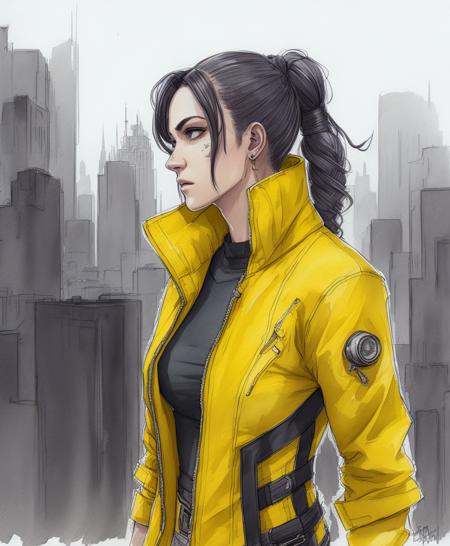 a concept sketch of a cyberpunk woman in a yellow jacket, (badass), looking over shoulder, 2d, line drawing, (pencil sketch:0.3), (caricature:0.2), watercolor city sketch