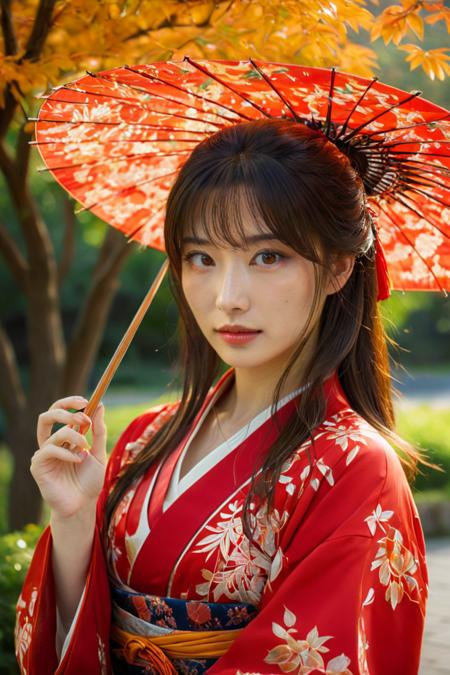 (HD, masterpiece, best quality, hyper detailed, ultra detailed, super realistic),A cinematic portrait of a girl standing outdoors, gazing directly at the viewer. She has long, flowing brown hair and wears a traditional Japanese outfit, featuring a striking red kimono adorned with intricate patterns. In one hand, she holds a beautifully crafted oil-paper umbrella with vibrant blue fabric, providing a contrasting pop of color against her red attire. The backdrop features a serene scene of a tree with branches adorned with brilliant autumn red leaves, enhancing the overall red theme of the image. The warm, golden light of the autumn sun filters through the leaves, casting a soft glow that highlights her features and creates a magical, immersive atmosphere., green eyes, blue eyes, brown eyes, perfecteyes, jpn-girl, Movie Still, Film Still, Cinematic, Cinematic Shot, Cinematic Lighting, SDXL Hands XL + SD 1.5 + FLUX.1-dev<lora:SDXL PerfectEyesXL.safetensors:0.8:0.8> <lora:SDXL japanese_girl_v1.1.safetensors:0.8:0.8> <lora:SDXL Juggernaut Cinematic XL LoRA.safetensors:0.8:0.8> <lora:SDXL Hands XL + SD 1.5 + FLUX.1-dev.safetensors:0.8:0.8>