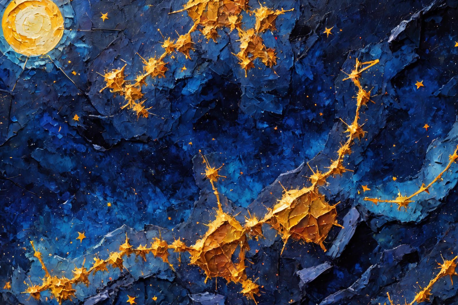 A blue and gold painting with a starry sky and gold starbursts.