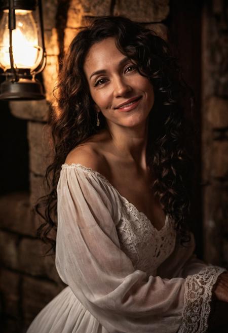 A night time photo of a beautiful woman, (50 years old:1.5), with long curly black hair, pleasant smile, wearing a white dress, jewelry, sitting, skinny, narrow hips, slim petite body, (medium breasts:1.3), sitting inside a cozy medieval cottage, (perfect hands:1.5), (cinematic), (dark, high contrast), (intricately detailed eyes:1.5), (subsurface scattering:0.9) lit by Victorian lanterns, full body view. shallow depth of field, vignette, highly detailed, high budget, bokeh, cinemascope, moody, epic, gorgeous, film grain, grainy, dark shadows, DarkFantasy, photo, cinematic,