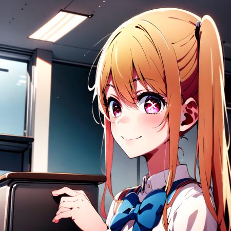 Masterpiece, 8k wallpapepr, best quality, 1girl, HoshinoRuby, <lora:HoshinoRuby>, smile, blush, looking at the viewer, side ponytail, blue school_uniform, (classroom at the background), indoor, white star pupil eyes:1, medium long hair,