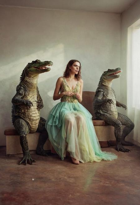 their peaks veiled photography, high detail, hyperrealistic, white wall background, three people, friendly crocodile in a dress, studio lighting in mist. mixed media, surrealism, great lighting, A surreal landscape highly detailed . Olivia De Berardinis style, alberto Vargas style, Ernest  looking  trapped in an optical illusion of reflections and refractions colorful , professional aubrey beardsley, mountains, sunset,   a cartoonish  in a desert,  fantastical, film photography style,  heavy grain