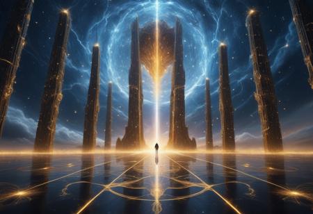 A vast temple suspended in a void where time flows in every direction. The pillars are formed from frozen lightning, crackling softly with golden energy, while the floor is woven from strands of pure stardust. Gigantic quantum butterflies, their wings made of fragmented galaxies, flutter in slow motion, leaving behind trails of shimmering constellations. Petals of crystallized time drift lazily through the air, each one showing a brief vision of an alternate reality before vanishing. The walls pulse like liquid obsidian, revealing glimpses of futures that may never come to pass.