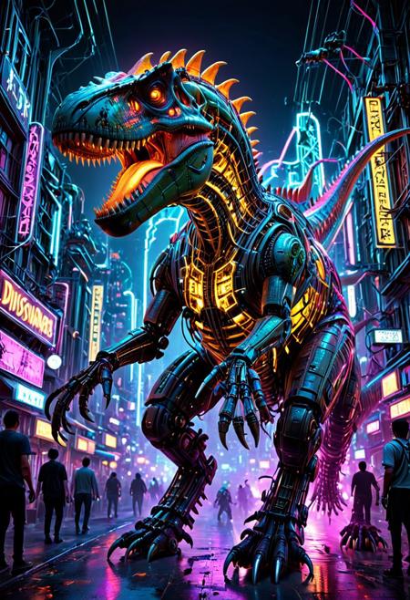 (masterpiece:1.2), best quality, ultra-detailed, (portrait of a colossal bio-mechanical T-Rex soaring through a neon-drenched cityscape at night:1.3), its body a complex lattice of glowing Transistors and shimmering chrome, (an intricate electronic robot rider with a sleek, polished obsidian-like chassis seamlessly integrated with the dinosaur's back:1.2), the robot's form defined by pulsating energy conduits and microscopic integrated circuits, volumetric lighting casting long, dramatic shadows, a sense of immense scale and power, cinematic, awe-inspiring, (glowing neon signs of the city reflecting off the metallic surfaces:1.1), high contrast, vibrant colors, aidmaImageUpgrader
