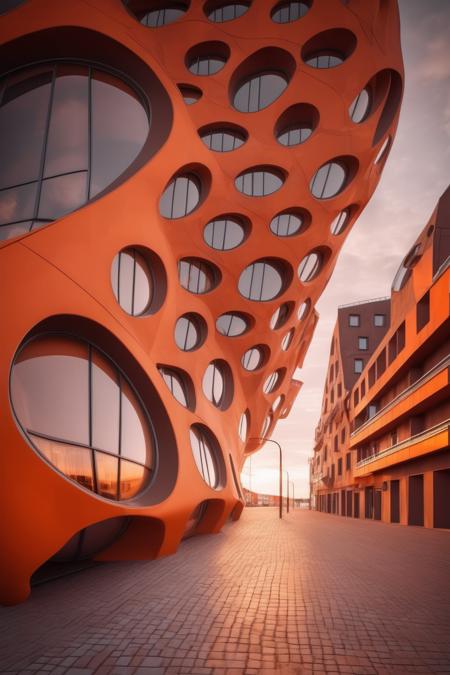 <lora:Filip Hodas Style:1>Filip Hodas Style - Klaipeda street at the seaside in the future urbanistic futuristic romantic city photographed from low angle buildings beautiful sunset brown orange grey clean design