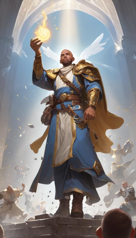 Cinematic scene, hero view, Cleric, a priestly champion who wields divine magic in service of a higher power, Dungeons and Dragons <lora:dungeons_and_dragons:1>, action pose, detailed background, masterpiece, best quality, high quality, absurdres