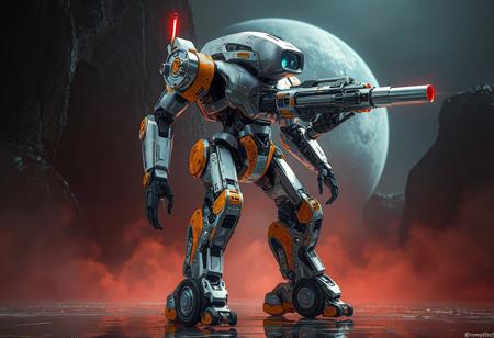 "A hyperdetailed cinematic concept art of a futuristic robot standing tall against a Dream Mirror of Terror backdrop. The robot is predominantly silver with vibrant orange and black accents, featuring an intricate design with a large, camera-like head structure and a robust body equipped with a large gun pointed to the right, exuding readiness. Its arms and legs are extended, with wheels on the legs enhancing its mobility. The head emits a red light, adding a warning signal. Rendered in Octane and Unreal Engine 5, with 4K resolution, lifelike details, sharp lines, and stunning, harmonious colors. The composition is impeccable, with the robot centrally placed, drawing attention to its detailed design. Captivating lighting, a dynamic action pose, and a creative angle, trending on ArtStation and CGSociety. Inspired by the styles of Raphael, Houdini, and Grammer Effect, with vivid emotions and a powerful message. The robot’s design showcases handcrafted precision and balanced editing, evoking a sense of futuristic readiness and technological prowess."