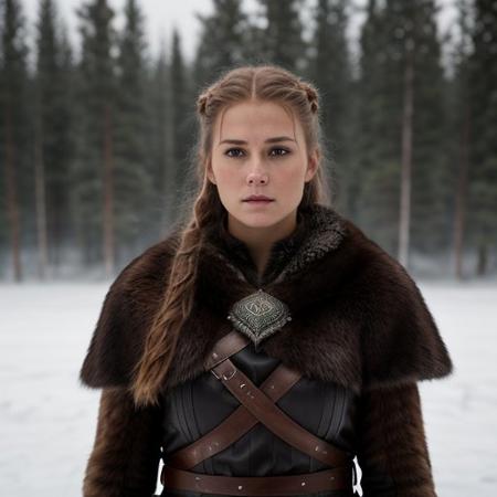8k ultra - realistic photograph of a young stunning female viking warrior, standing tall and imposing, brown hair, the intricate details of the wolf's fur, the texture of its teeth, and the warrior's pale facial features are captured with precision. the viking's eyes, intense and fierce. the backdrop is a misty nordic landscape, enhancing the mystique of the scene. captured with a canon, high detail,