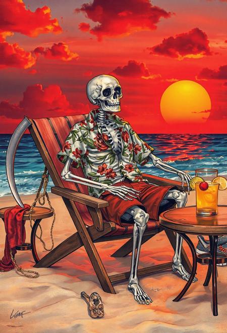 A skeleton wearing a Hawaiian shirt and board shorts.  The skeleton is relaxing in a lawn chair on the beach. 
 The sun is setting casting red and orange skies.  There is a table with a pitcher of margaritas next to the chair.  There is a scythe resting on the chair.  The picture is done in a John Van Hammersveld style.  The image is rich in color.
