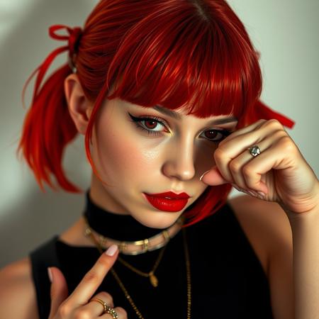 8k analog photo, (realistic:1.2), best studio quality, masterpiece, super realistic, extreme cinematic,beautiful soft light, aesthetic, hight detailed realistic light and shadows, realistic light aberration, redhead girl, ribbons, necklace, ring on third finger-fist A-P hand, hight quality detailed perfect skin, polychromatic heterochromic red eye contact, alena aenami artstaion wining award art. A confident and sexy young woman with short red hair, styled with a hair clip resembling the '>_' symbol. She has a playful, mischievous expression, exuding a bold and flirtatious vibe. Her outfit is modern and edgy, complementing her daring attitude.