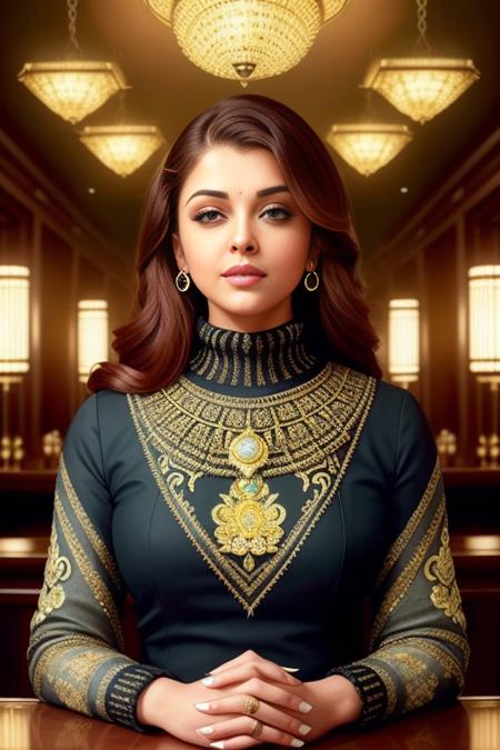 a photo of aishwaryarai-8-005-2800 a woman, photorealistic painting, attractive, at a (luxury restaurant), ((highly detailed face)), wearing turtleneckc sweater, intricate, 8k, highly detailed, volumetric lighting, digital painting, intense, sharp focus, art by artgerm and rutkowski and alphonse mucha, cgsociety, ((detailed eyes)), chandeliers, candles, dimly lit