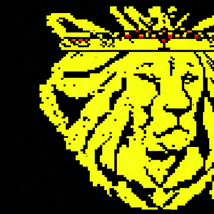 Front view of a golden lion wearing a crown, luxury appeareance, teletext