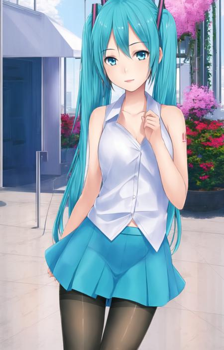 1girl,hatsune miku, blue hair,skirt,((pantyhose)),white clothes