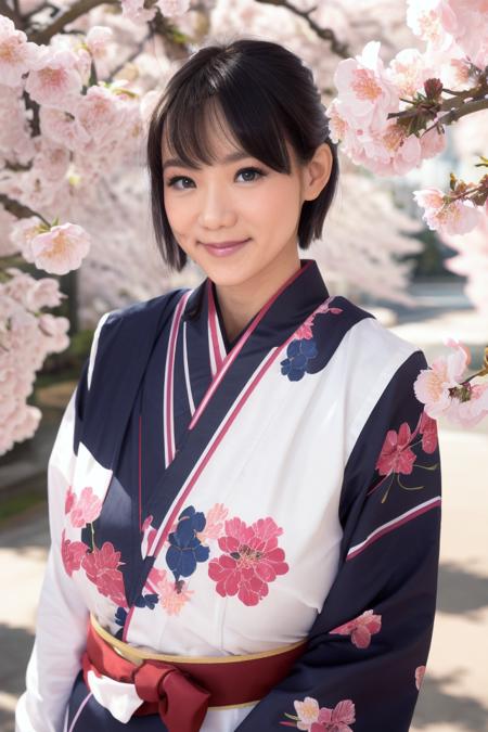 masterpiece, 8k, uhd, high quality, absurdres, visible skin pores, hair details, skin imperfections, fabric detail, depth of field, outdoors (shibuyakaho), (blurry background), (mole), (smile), upper body,short hair, bangs, saggy breasts, furisode, cherry blossoms, upper body, <lora:ShibuyaKahoV1:1><lora:gyaru_grin_v1.0:0.2> <lora:furisode:0.5> <lora:lit:0.1>