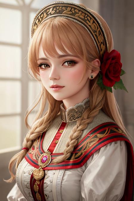 a beautiful  england  woman wearing traditional  wears, (masterpiece), (portrait), (raw photo), (extremely detailed CG unity 8k wallpaper) Intricate, Sharp focus, dramatic, photorealistic  art