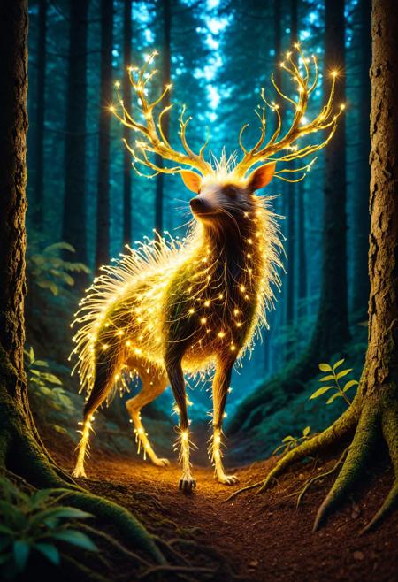 In the enchanted forests of Eldoria, there dwells a whimsical creature known as the Luminaris. This ethereal being resembles a [deer:porcupine:0.4]  , but its skin shimmers with a kaleidoscope of colors, reflecting the vibrant hues of the forest. Its antlers are intricately twisted, resembling the branches of ancient trees, adorned with glowing flora that illuminate the surrounding darkness.The Luminaris is a guardian of the woodland realm, possessing the ability to communicate with plants and animals. Its large, expressive eyes are filled with wisdom, and they seem to change color depending on its emotions—soft blue when calm, warm gold when joyous, and deep green when protective.
At twilight, the Luminaris emerges from the shadows, dancing gracefully among the trees. It leaves behind a trail of sparkling dust that nourishes the ground, fostering growth and healing. Legends say that those fortunate enough to encounter a Luminaris may have their deepest wishes granted, but it's essential to approach this creature with respect and kindness, for it can vanish as swiftly as a whisper in the wind.In Eldoria, the Luminaris symbolizes hope, magic, and the interconnectedness of all living beings, embodying the spirit of the forest itself  <lora:xl_more_art-full_v1:0.35> <lora:Surreal Harmony:0.35> <lora:artfully_TREES2:0.45> <lora:ElementEarthSDXL:0.77>