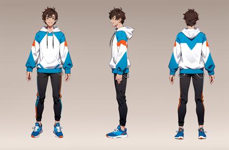 Back, front, side, multiple views, game characters, Original character design, hand drawn draft, 1 boy, solo, black pants, hoodie, smile, shoes, pants, brown hair, full body, sneakers, blue hoodie, standing, hoodie, short hair, long sleeves, white background, simple background<lora:Triple viewV2:0.8>