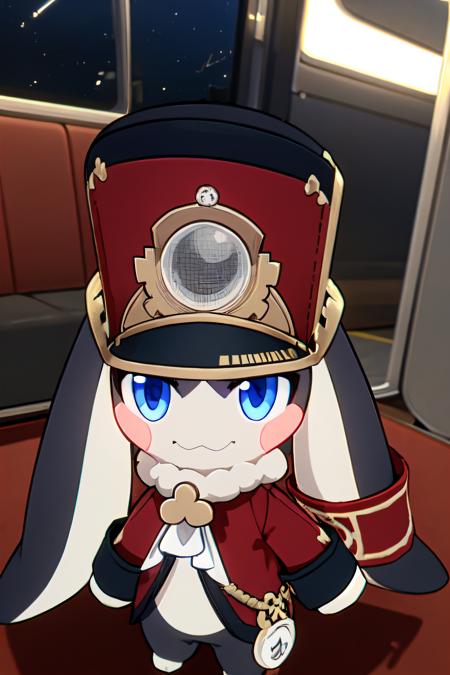 <lora:pompom:1> solo, blue eyes, red hat, blush stickers, rabbit ears, inside a train, night,