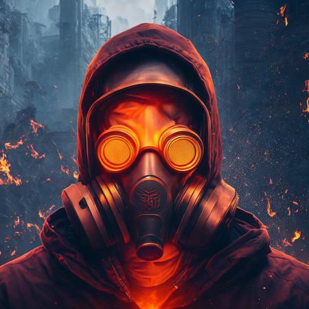 a portrait of a person in a gas mask, plain background, fire, dramatic, cinematic, dgtl