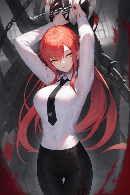 1girl, makima (chainsaw man), necktie, braid, chainsaw, shirt, black necktie, chain, red hair, looking at viewer, black pants, white shirt, pants, blood, collared shirt, smile, yellow eyes, arms up, shirt tucked in, breasts, denji (chainsaw man), bangs, ringed eyes, long sleeves, braided ponytail, long hair