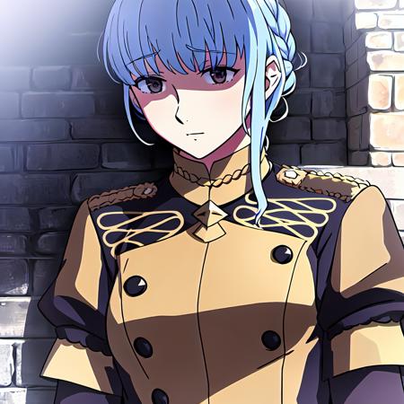 (masterpiece:1.1), (best quality:1.1), marianne_von_edmund, 1girl, solo, short hair, breasts,  light blue hair, outside, brown eyes, <lora:MarianneVonEdmund:1>, still from official media anime, 4K masterpiece!!, 8k resolution!!!, trending on pixiv fanbox!, stunning detail!!!!!!!!!!!!, professional lighting, outside barn, uniform, garreg mach monastery, uniform, braided hair