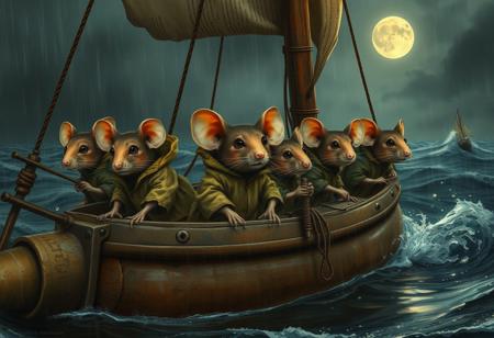 REALISTIC
a group of mouses every mouse with a different skin color scared worried with old rusty clothes and dirty raincoats traveling in an old BIG Sailing boat made with bottles and trash on a storm  in the ocean lightings rain moonlight big waves, heavy rain, puddle of water, boat with broken parts, some mouse with bruises and ears with holes,