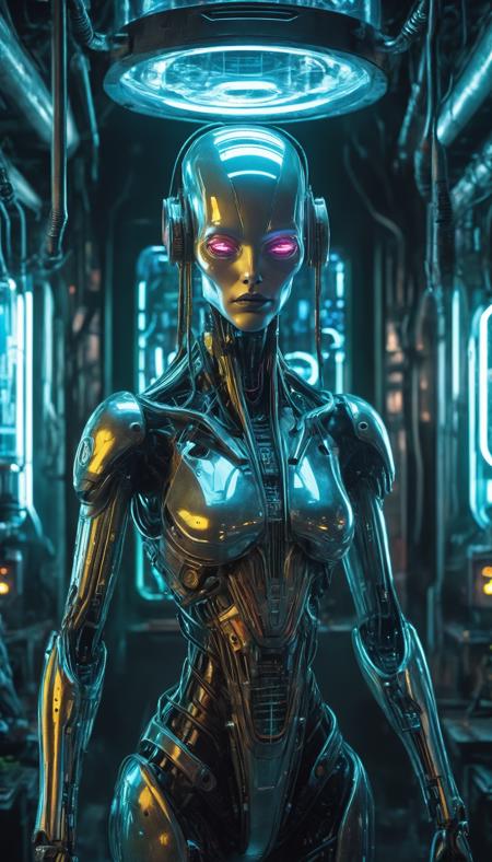 In the heart of a neon-soaked dystopian laboratory,  a cyberpunk android,  its face an eerily perfect recreation of Donald Trump's,  stands encased within a translucent tube. The eerie,  mirrored surfaces of the lab's alien machinery reflect the android's lifelike appearance. Futuristic alien hardware,  adorned with intricate circuitry and otherworldly glyphs,  hums with an otherworldly energy,  framing this uncanny fusion of human and machine.