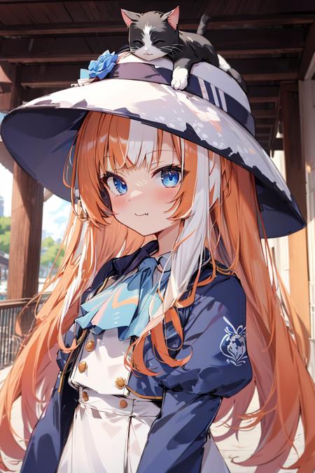 (absurdres:1.30), highres, ultra detailed, akikawa_yayoi, loli, blue eyes, long hair, orange hair, white hair, two-tone hair, multicolored hair, hat flower, white headwear, cat on head, BREAK, white dress, long sleeves, puffy sleeves, blue jacket, open jacket, ascot, buttons, skin fang,upper body, <akikawa_yayoi_v1:0.65>  blush