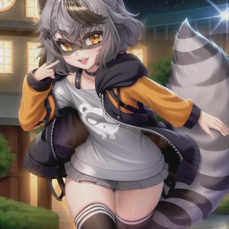 <lora:Snuffy:1>, raccoon girl, raccoon tail, masterpiece, best quality, CG, wallpaper, HDR, high quality, high-definition, extremely detailed, (1girl:1.5), close up, solo, dynamic pose, full body, small breast, (cute face,(:d)), hair ribbon, black ribbon, glowing eyes, oversized clothes, orange jacket, hdr, [semi-realistic:1.2:20], len flare, ray tracing, light, cloud,sky ,depth of field, city background