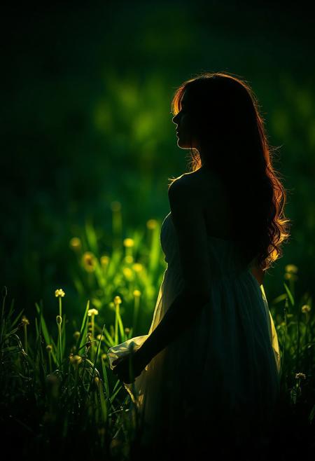 Woman on luminescent meadow, shadow art. Mysterious light. Perfect composition. Mysterious. Octane render. Masterpiece, delicate details.