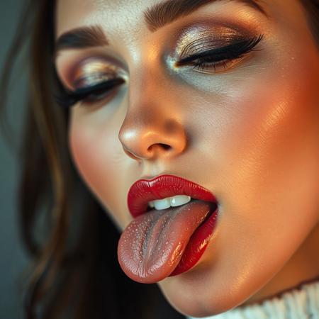 beautiful woman wearing makeup sticks her tongue out, close up on face
