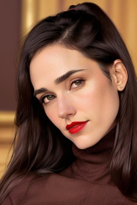 photo of jenniferc, ((dark brown hair, )), a woman, ((turtleneck sweater)), ((closeup, portrait)), ((conference room)),((red lipstick,eyeliner, eye shadow, blush)), ((best quality, masterpiece, extreme details, high resolution):1.2),((detailed eyes, beautiful eyes, detailed face, beautiful face):1.2)