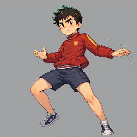 ((masterpiece, best quality)),solo,1boy,full body,  jake long, black hair, red jacket, thick eyebrows, spiked hair, shorts, <lora:JakeLong1:0.6>, simple background,