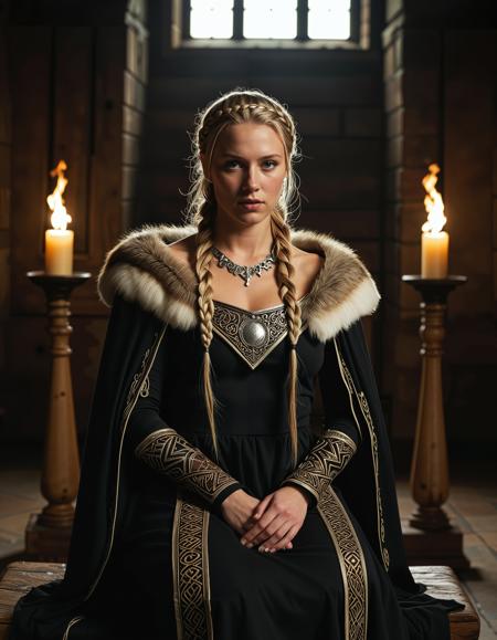 RAW full body image of a gorgeous 25 years old Gorgeous Viking Woman blond, hair in a ponytail, <lora:NordicByNature:0.8>,Norse Queen in a Great Hall, An elegant Viking queen seated on an ornately carved wooden throne within a grand longhouse. The hall is illuminated by flickering torches and decorated with shields and banners. She wears a fur,trimmed cloak and a silver circlet, her expression regal and commanding.,low light, soft natural light, Rembrandt style light, Hasselblad DLSR camera, 200mm Zeiss lens, f/2.8, clear focus, high resolution image, (soft naural light), (rembrandt light), (soft shadows) ,Sexy pose, erotic pose, exhibitionism,
