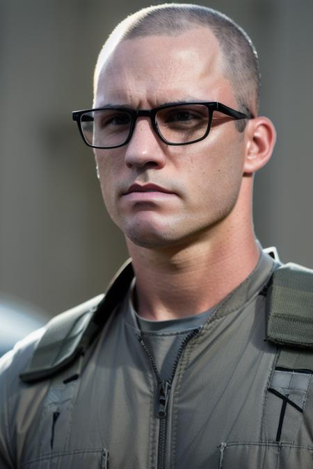 a man <lora:jeffreyDonovan:1>, shaved head, glasses, undercover agent on a mission, upper body, close up, RAW, 8K, UHD, highly detailed face, candid, amateur