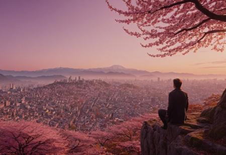 score_9, score_8_up, score_7_up, 
vibrant, ultra realistic, Movie Still, Cinematic Shot, Cinematic Lighting, Cinematic, extremely detailed city, 
detailed, high resolution, 4k, 
dawn, autumn, fantasy city, giant monument in the distance, a man observes the city atop a cliff, sakura trees, vibrant hues, view from above,