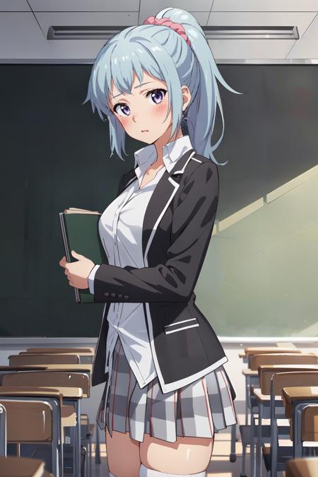 (masterpiece, best quality:1.4), looking at viewer, cowboy shot, blush, saki kawasaki, ponytail, scrunchie, school uniform, black jacket, open jacket, white shirt, plaid skirt, kneehighs, classroom, <lora:saki_kawasaki_v1:0.7>