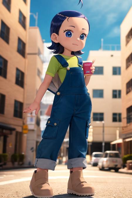 1girl, aksn_cs, blue eyes, short hair, blue hair, ahoge, bangs, forehead, blue overalls, green shirt, standing, looking at viewer, city <lora:aiko-senoo-casual:1>